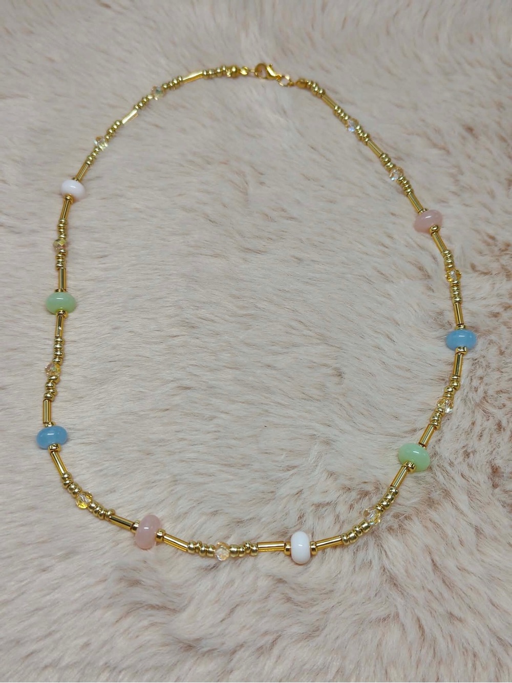 Gold Crystals and Glass Beaded Necklace with Pastel Accent Beads